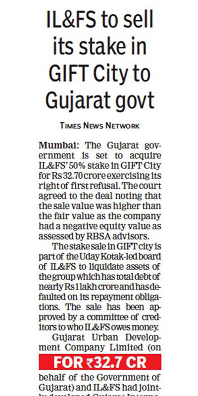 RBSA Advisors - ilfs to sell its stake in gift city to gujarat govt